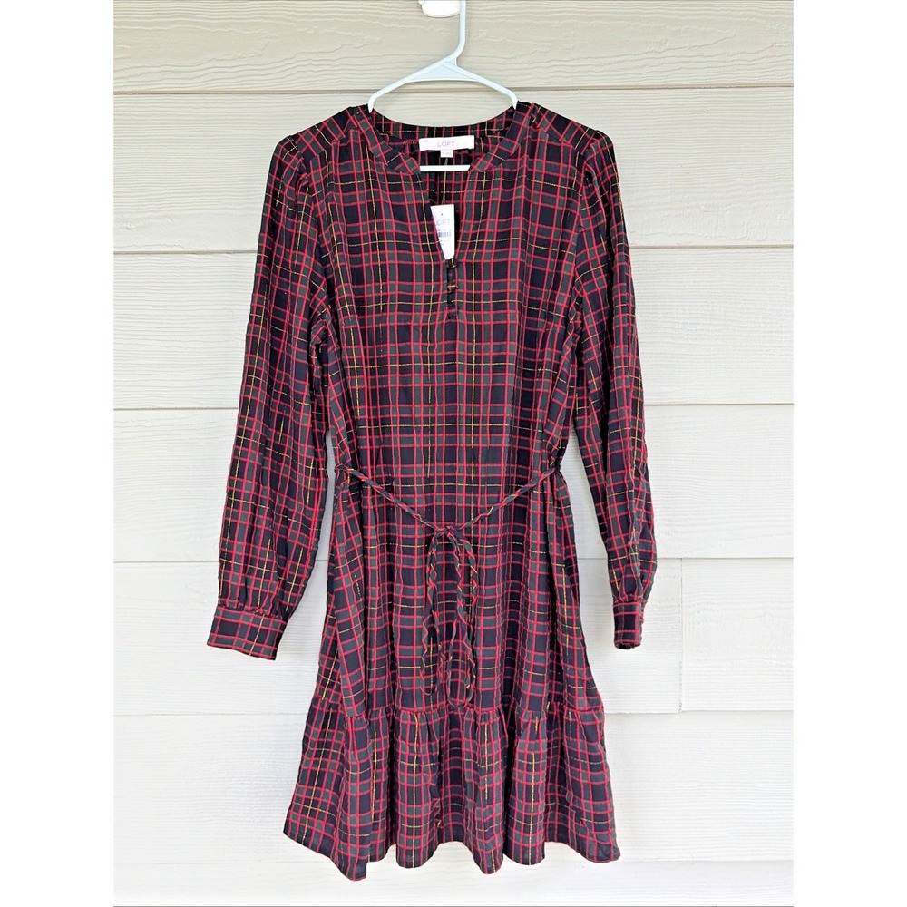 LOFT Metallic Holiday Christmas Plaid Ruffle Hem Tie Dress‎ Women Medium NEW NWT